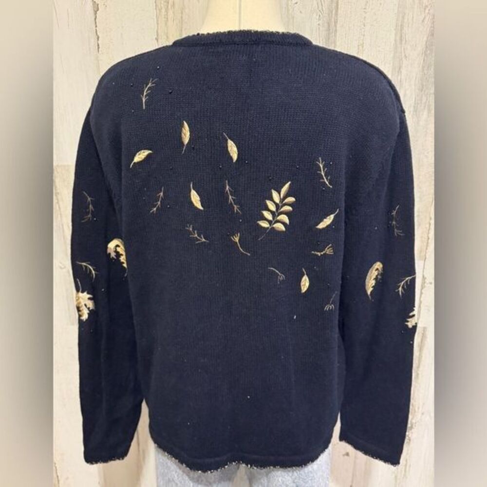 Vintage Navy Cardigan with Gold Leaf Accents - Picture 2 of 6